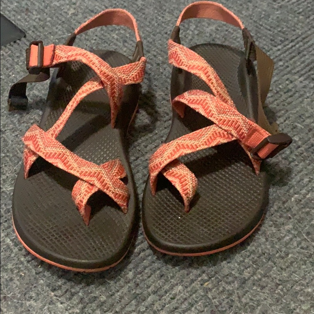 Pink and brown chacos